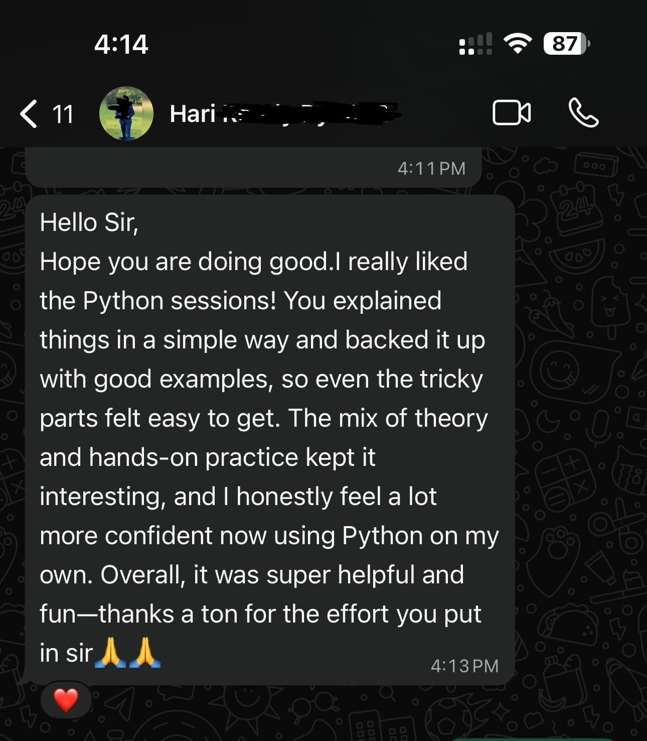 WhatsApp feedback
Shared by former batch student