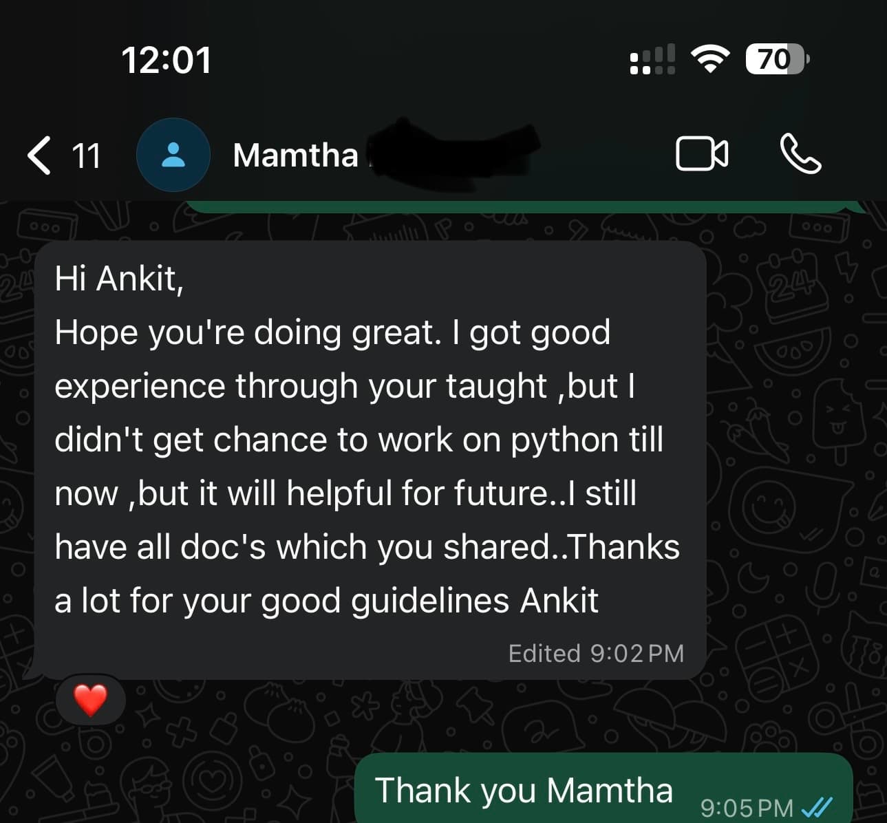 WhatsApp feedback
Shared by former batch student