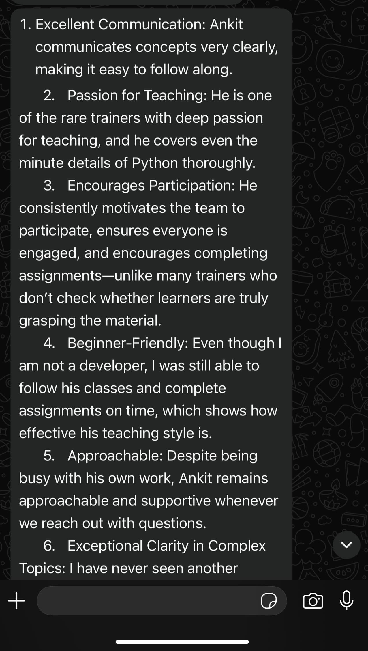 WhatsApp feedback
Shared by current batch student