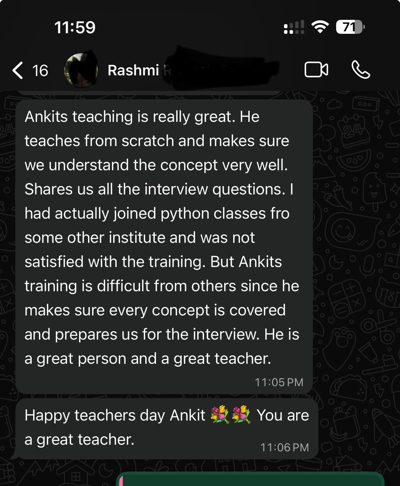 WhatsApp feedback
Shared by former batch student