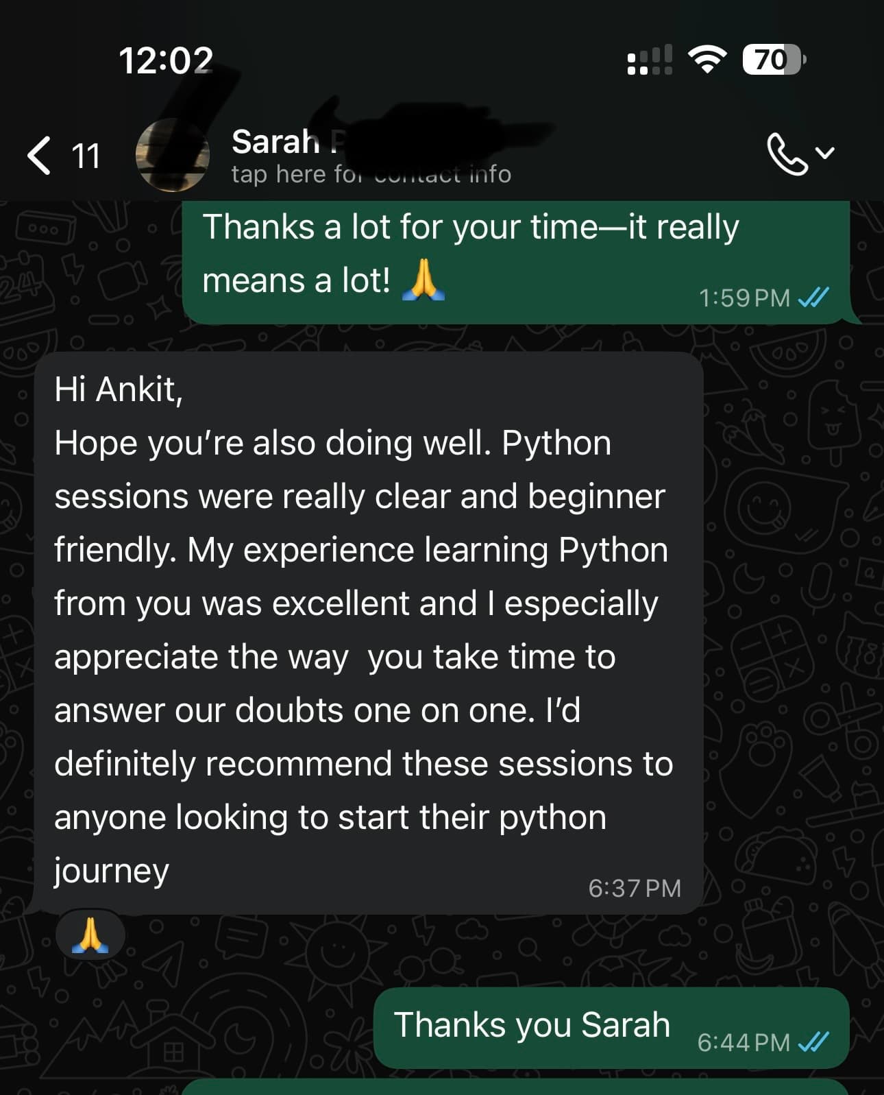 WhatsApp feedback
Shared by former batch student