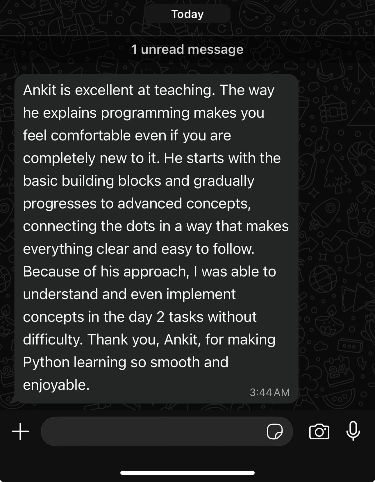 WhatsApp feedback
Shared by former batch  student