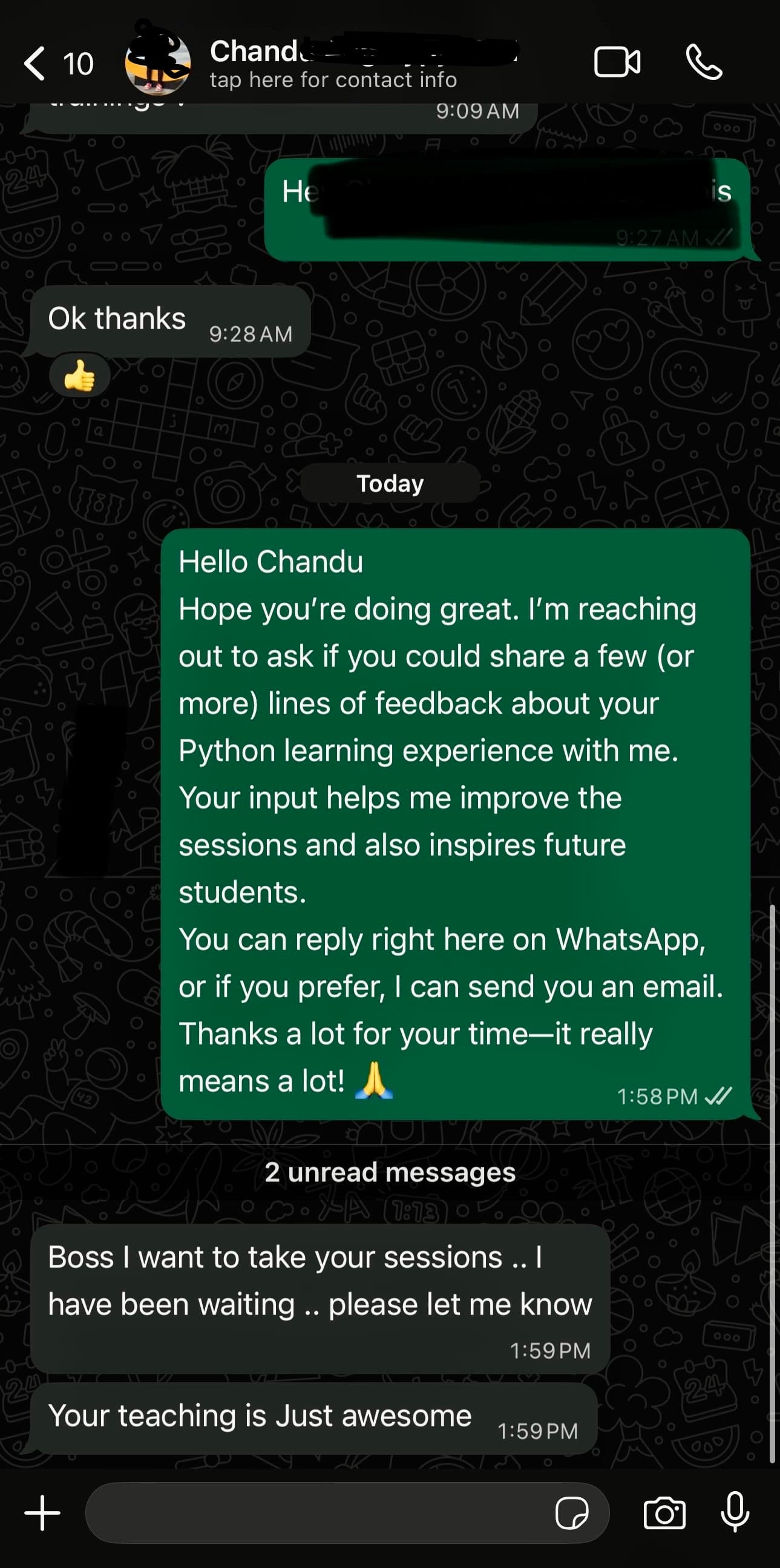 WhatsApp feedback
Shared by former batch  student