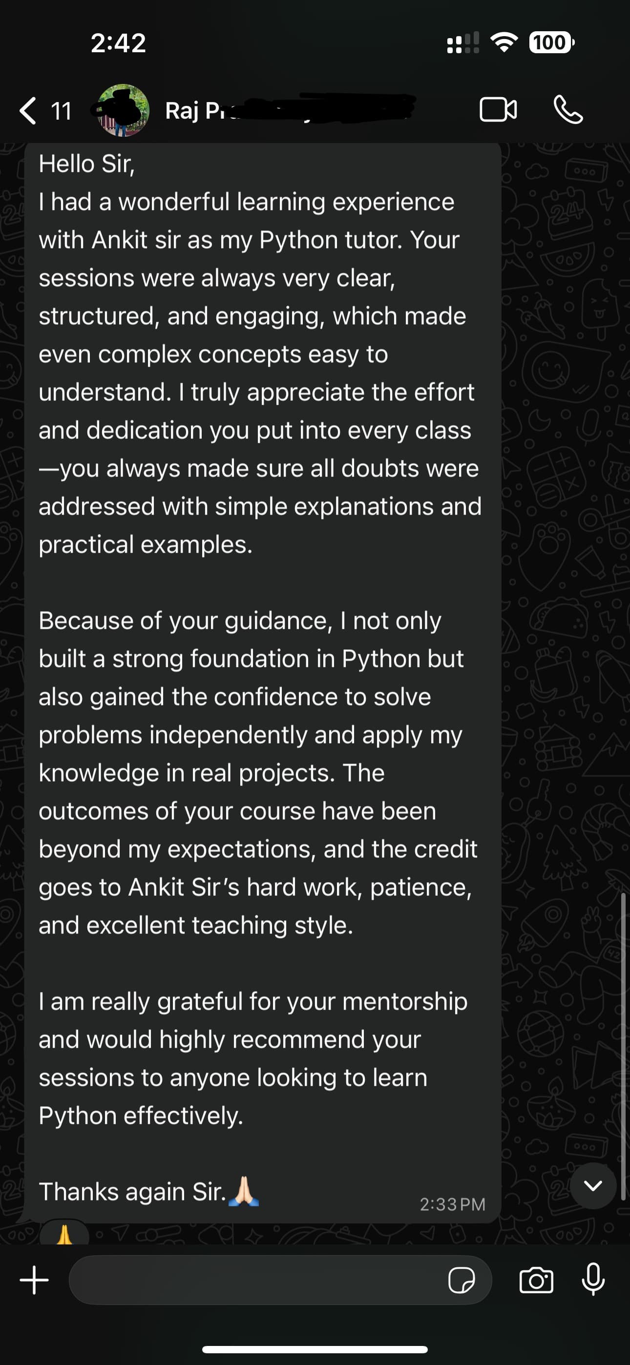WhatsApp feedback
Shared by former batch student