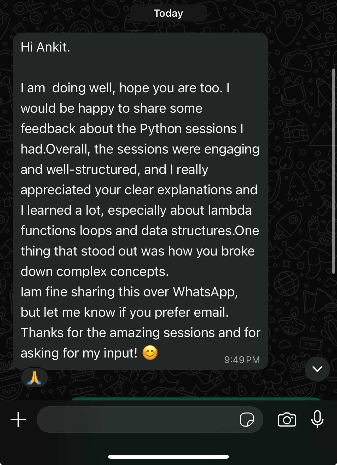 WhatsApp feedback
Shared by former batch  student