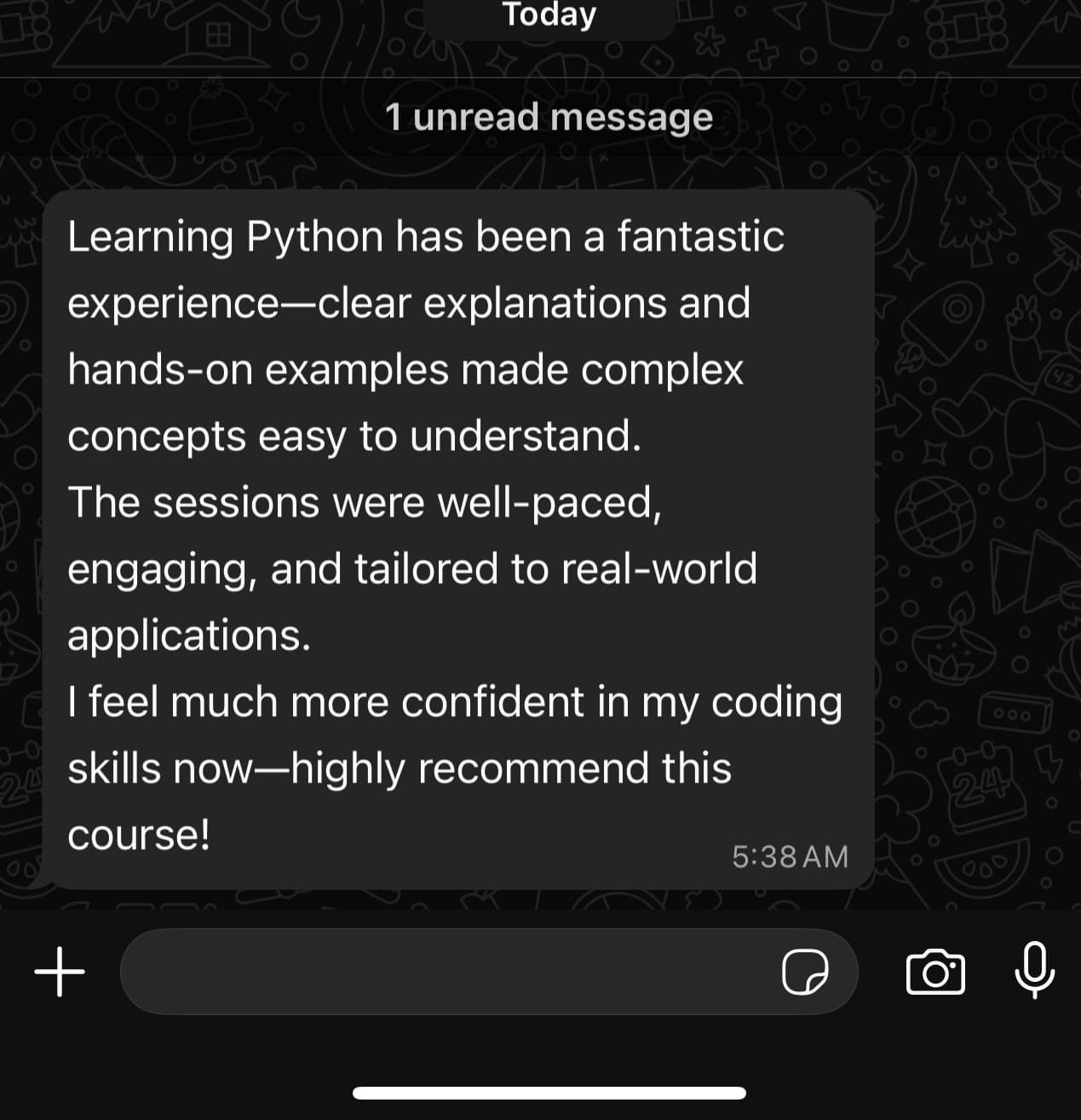 WhatsApp feedback
Shared by former batch student