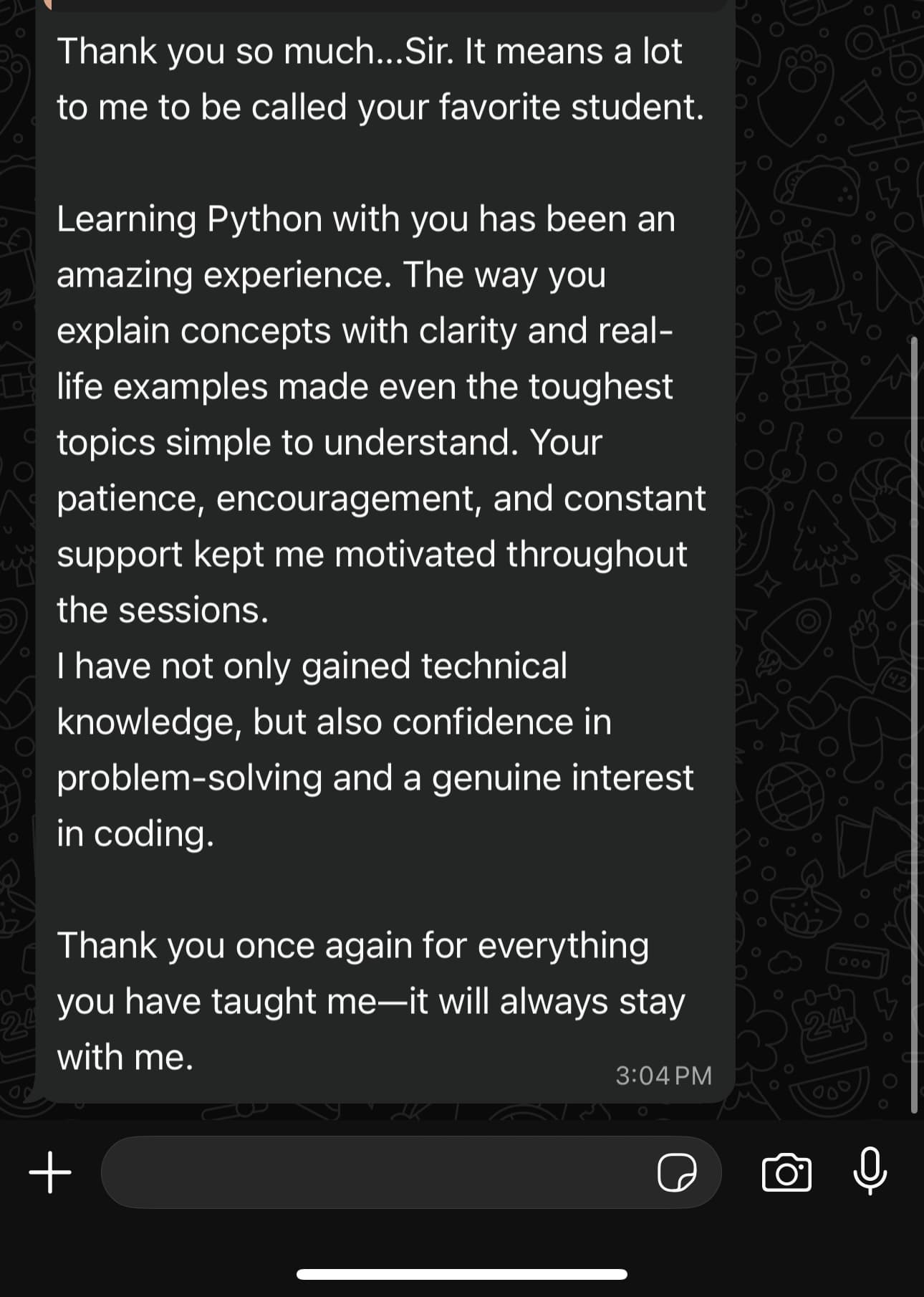 WhatsApp feedback
Shared by former batch  student