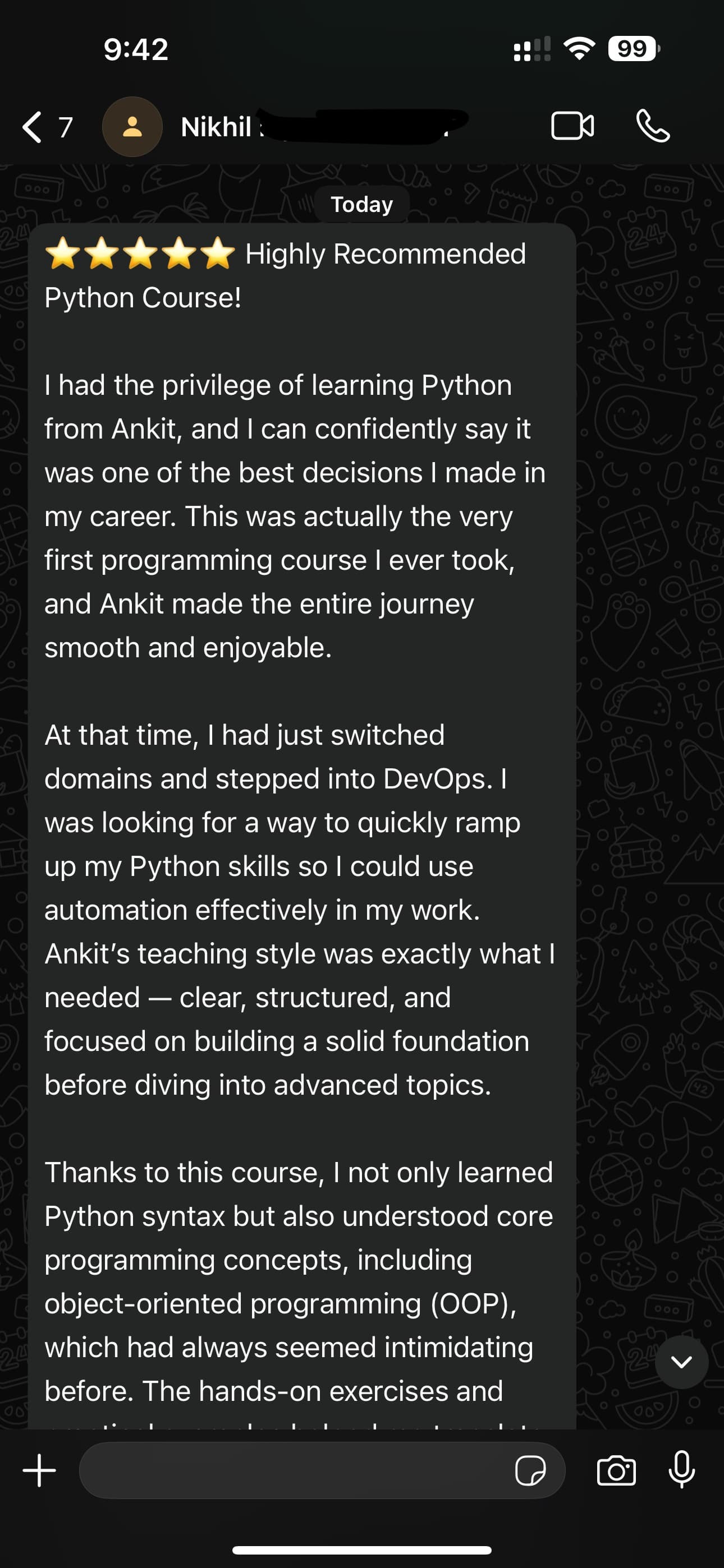 WhatsApp feedback
Shared by former batch student