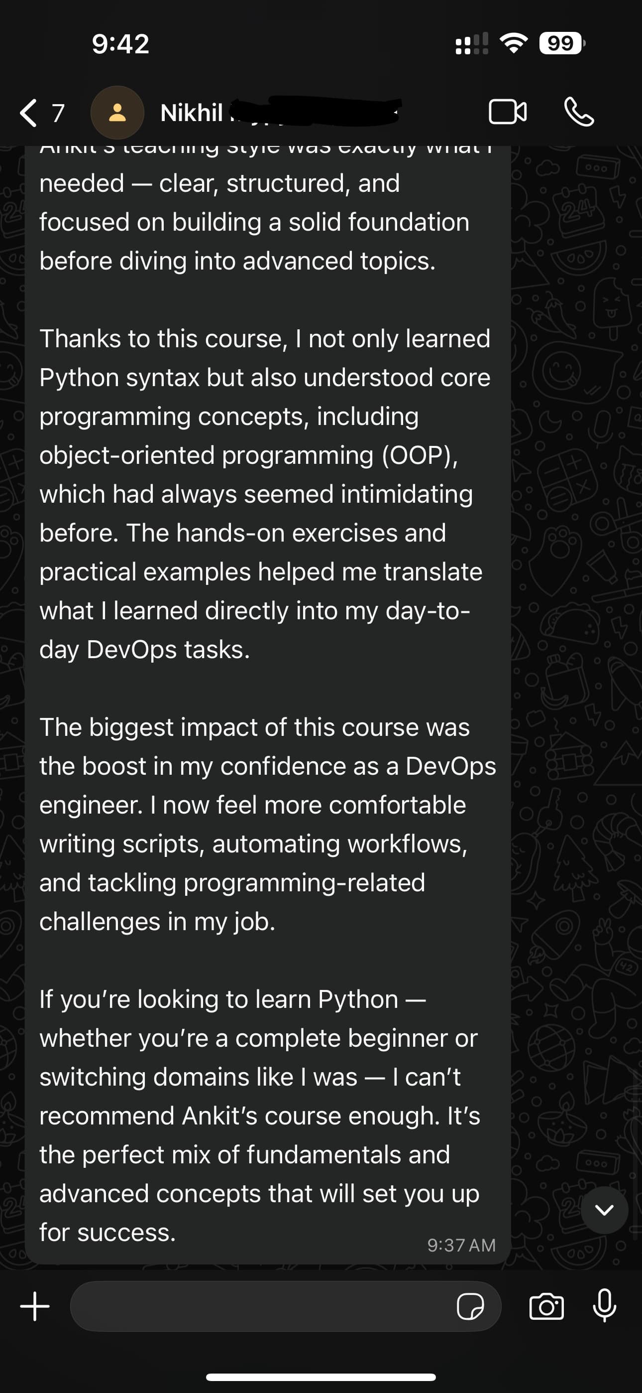 WhatsApp feedback
Shared by former batch student