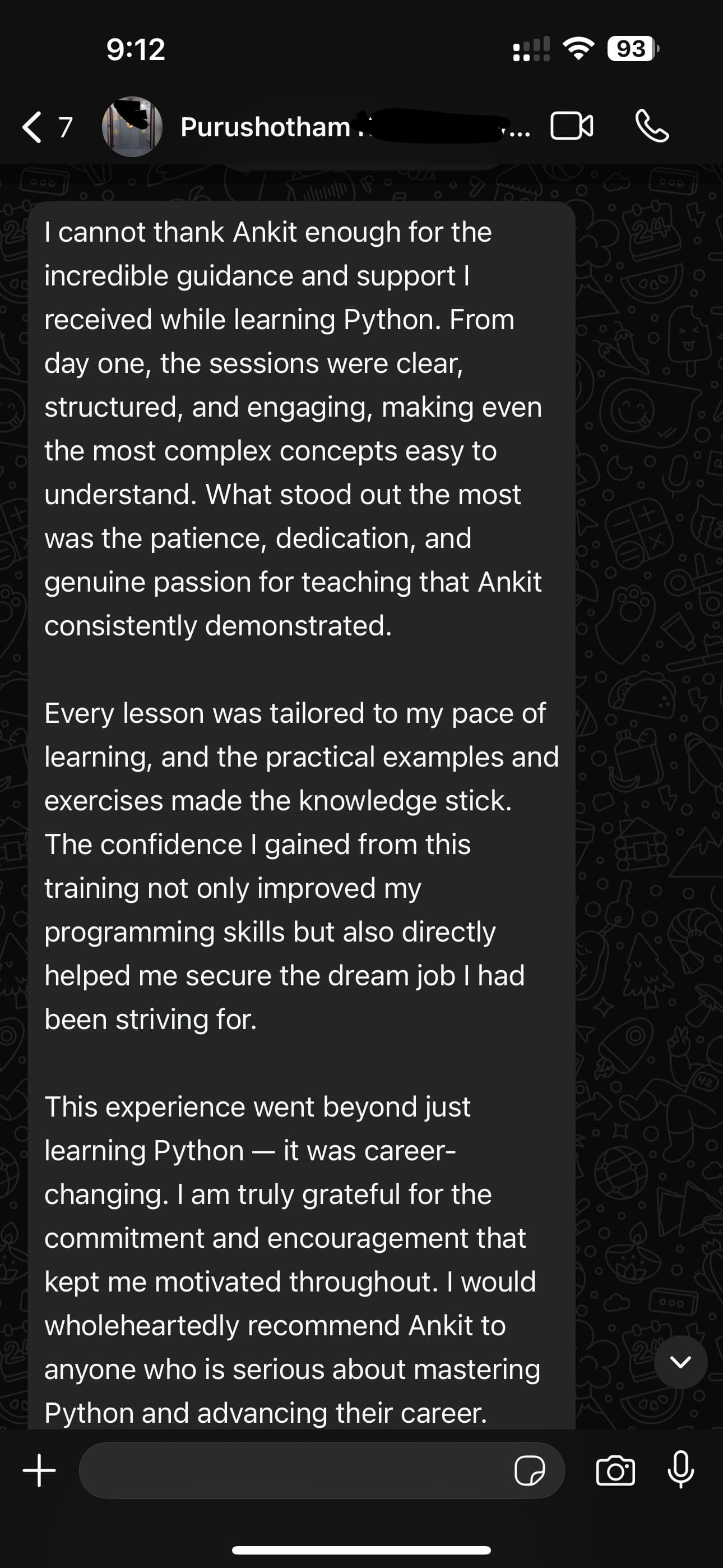 WhatsApp feedback
Shared by former batch  student