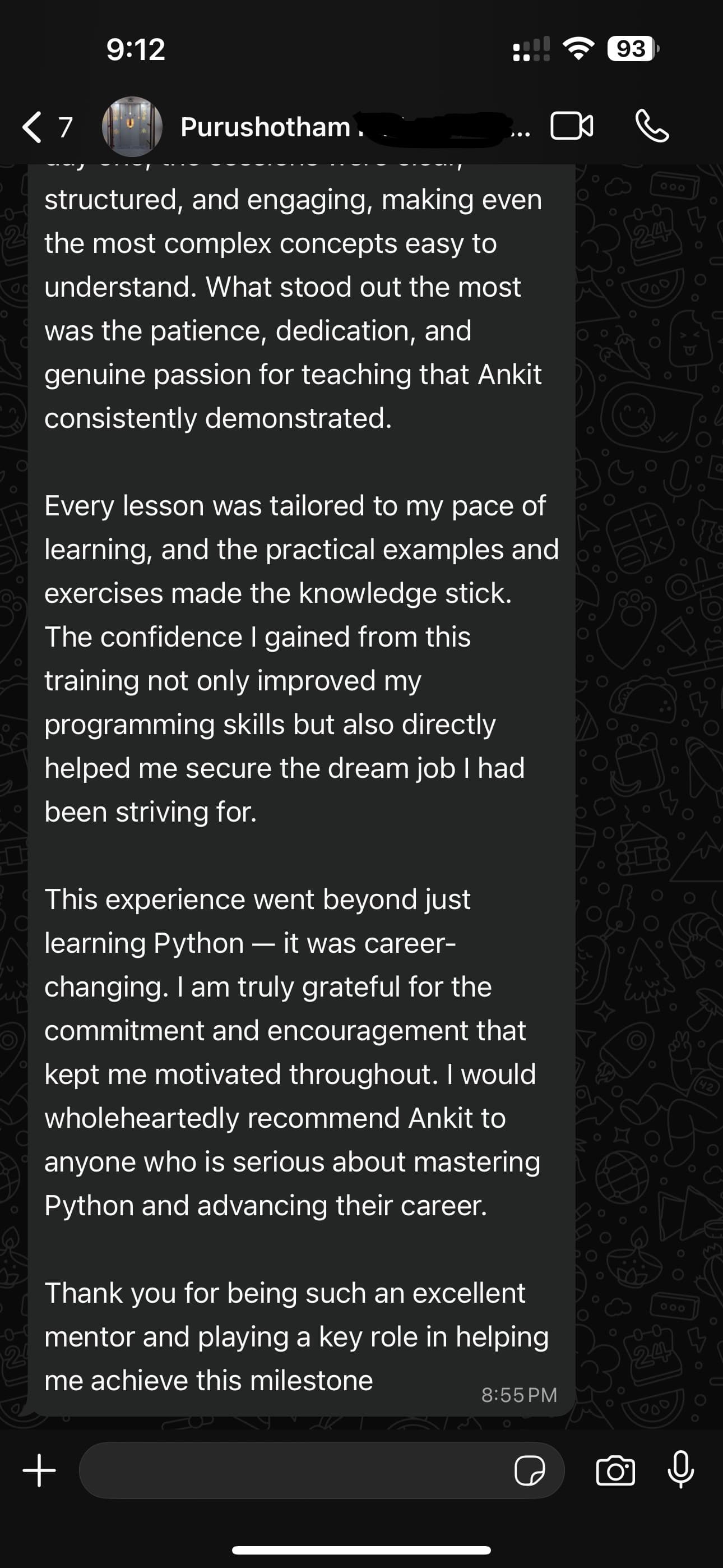 WhatsApp feedback
Shared by former batch  student