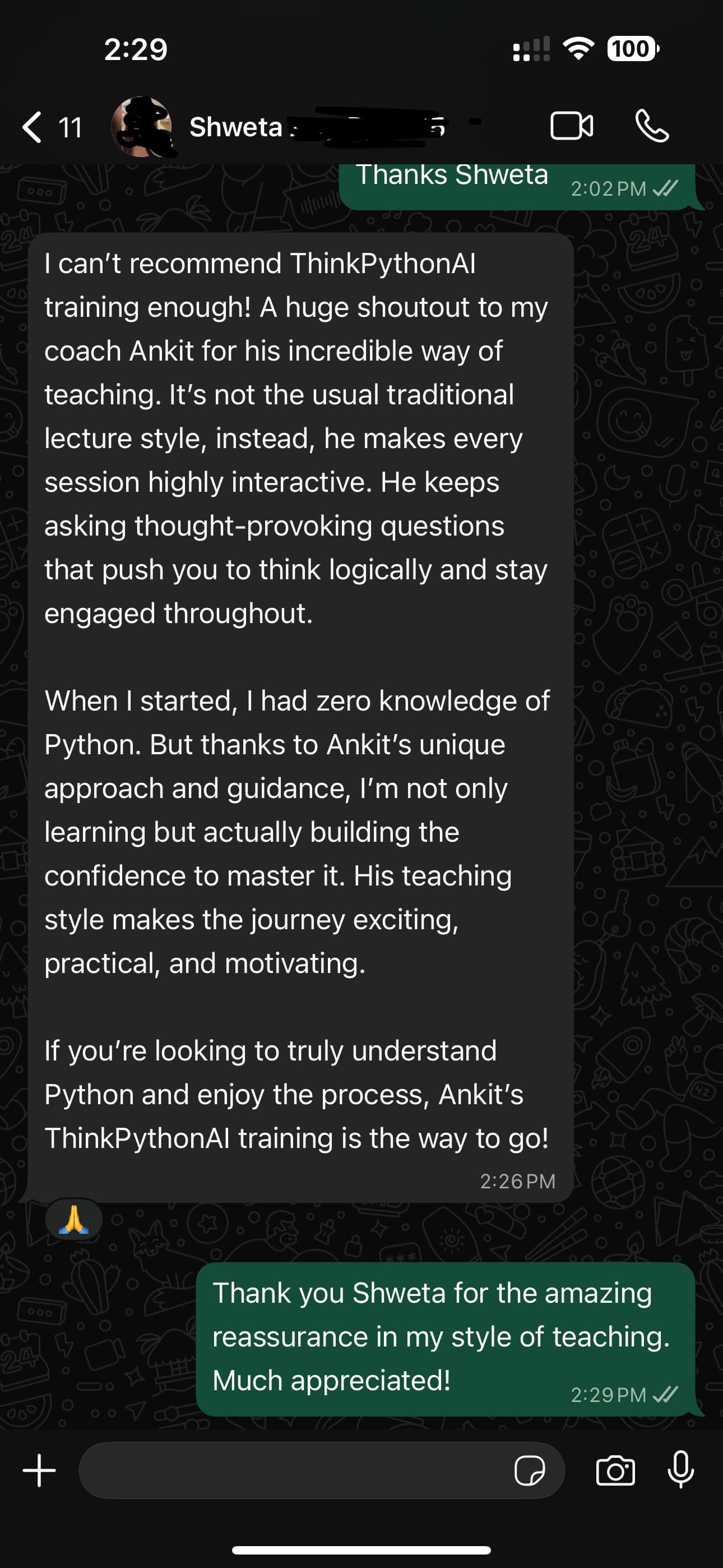 WhatsApp feedback
Shared by current batch student