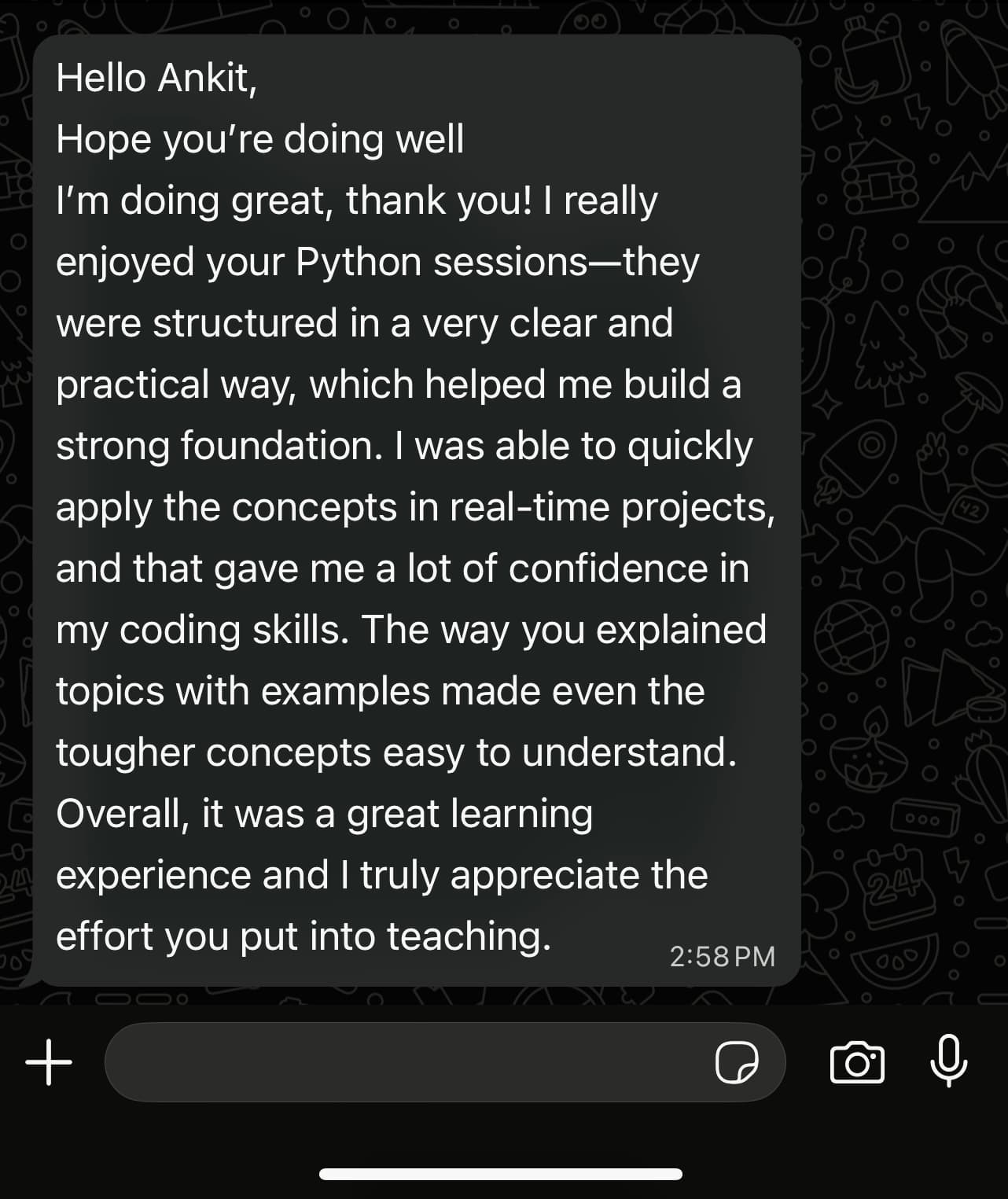 WhatsApp feedback
Shared by current batch student