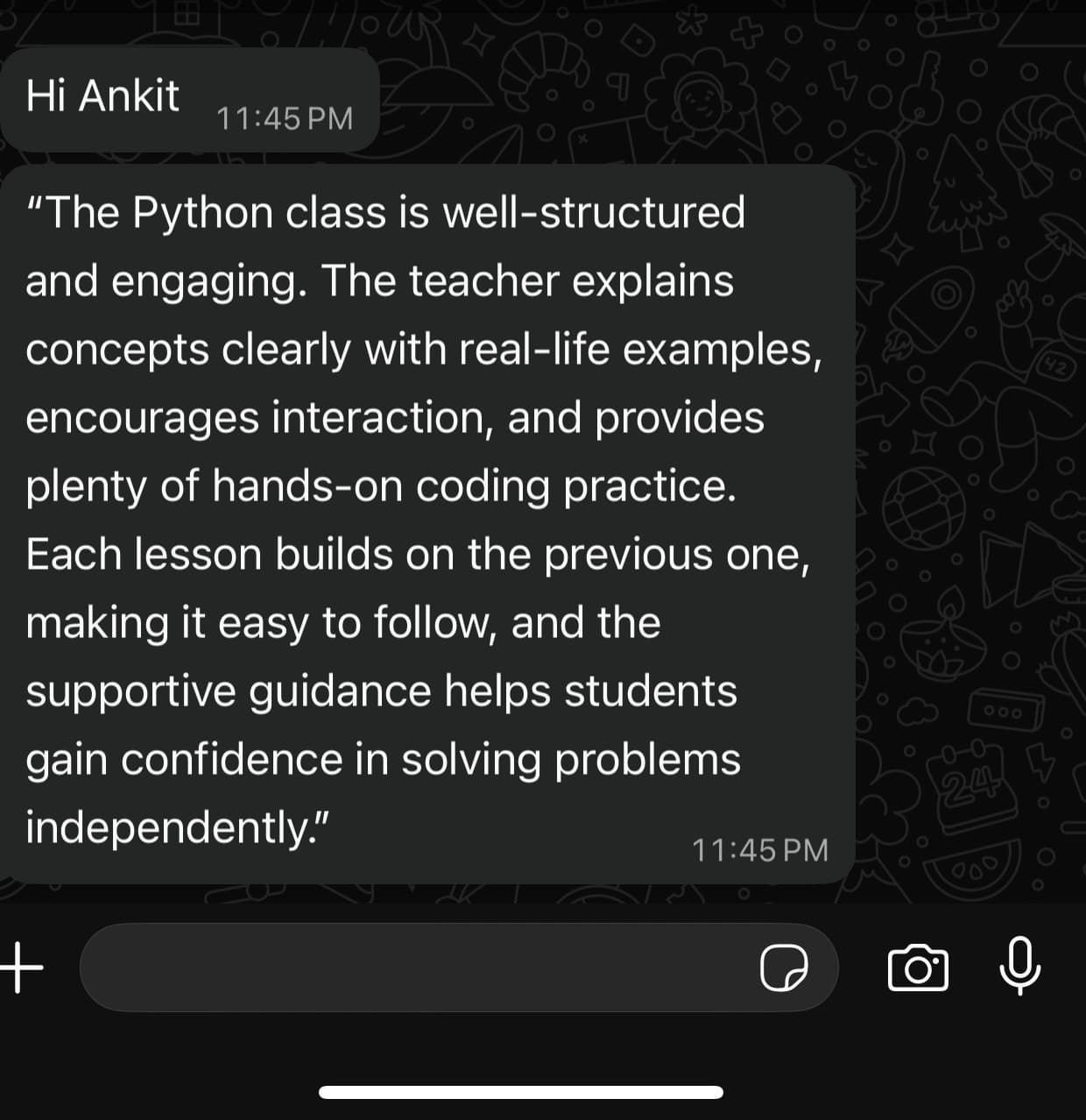 WhatsApp feedback
Shared by former batch  student