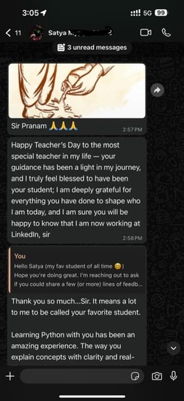 WhatsApp feedback
Shared by carrer-switcher (Non-IT to IT) now an engineer in Linkedin